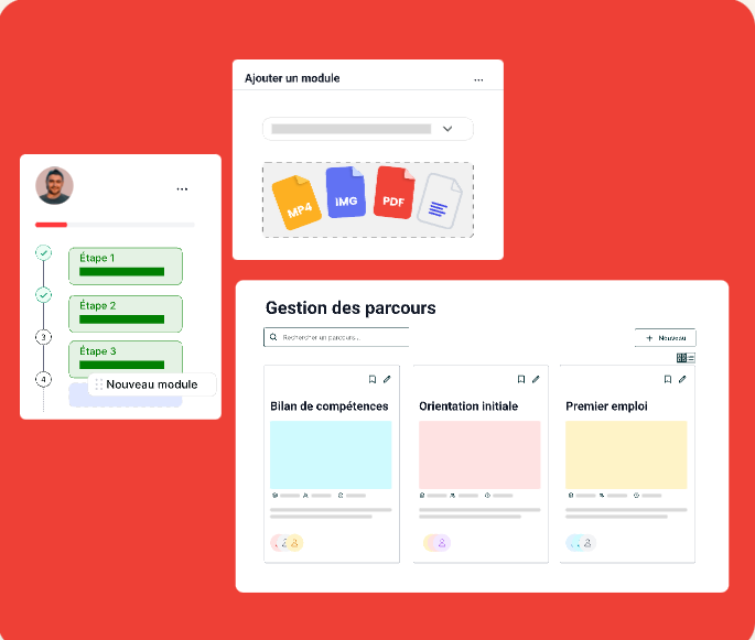 Interface de gestion des parcours Gonabi : modules, étapes et suivi
