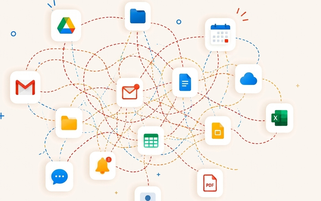 Outils dispersés reliés par des connexions enchevêtrées