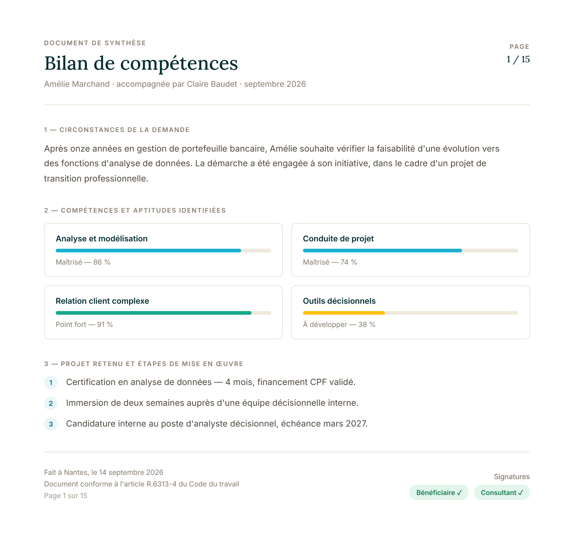 Document de synthèse généré : circonstances de la demande et compétences identifiées