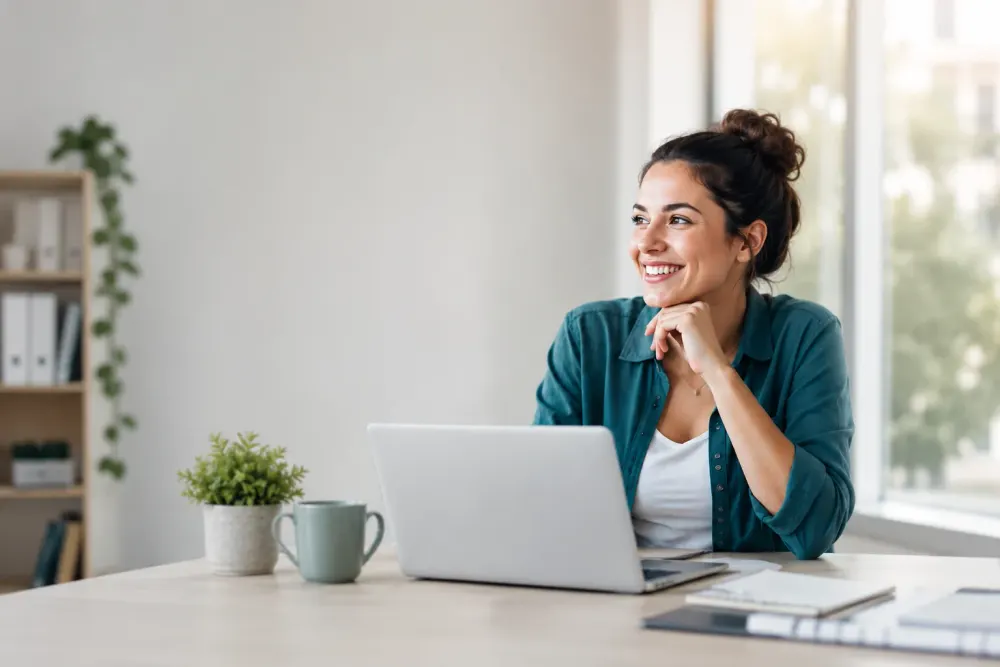 Une coach souriante à son bureau, devant son ordinateur